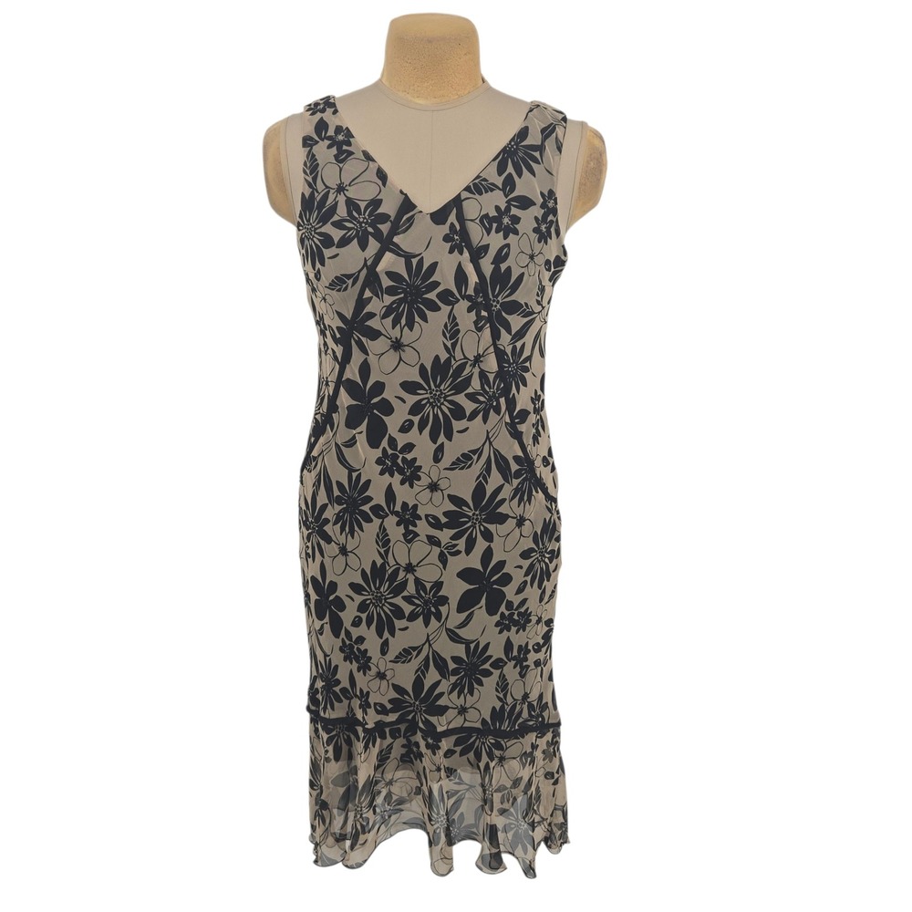Believe Sleeveless Floral Midi Dress Women 10 Black Tan Beaded Romantic Feminine
